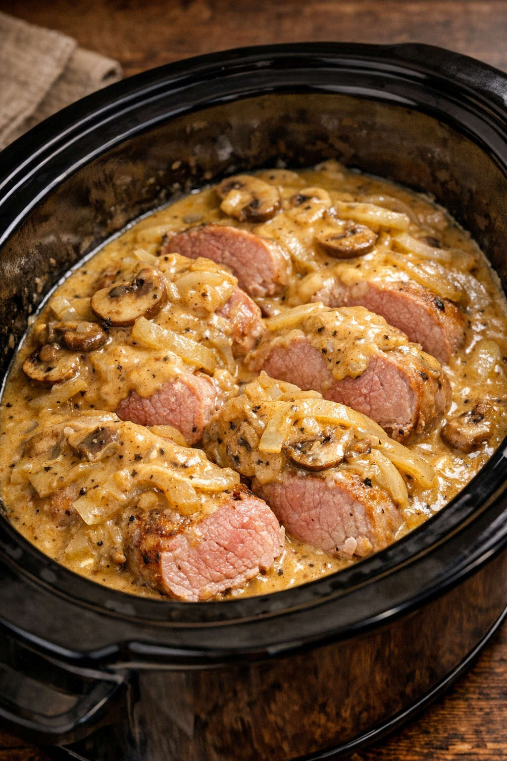 Creamy soup mixture spread over pork in the slow cooker