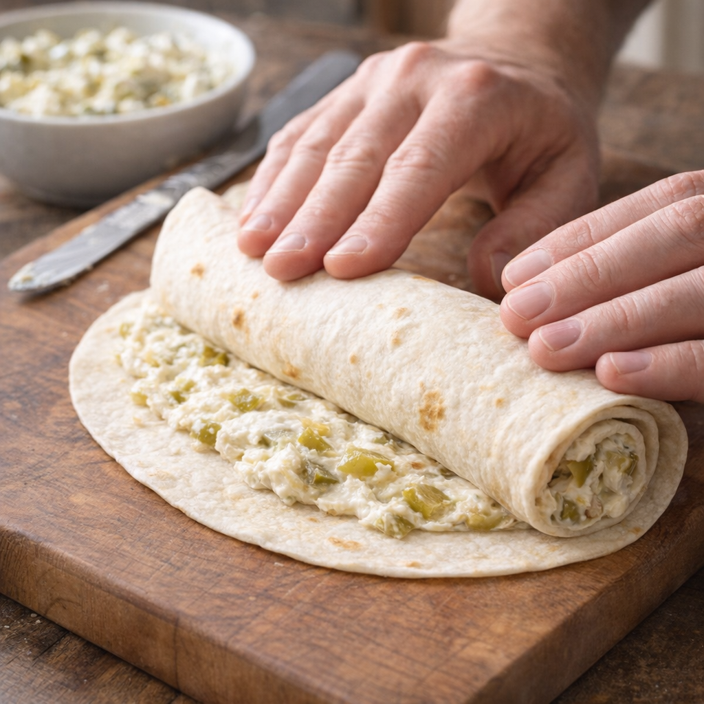 Tortilla rolled into a filled pinwheel log on a cutting board