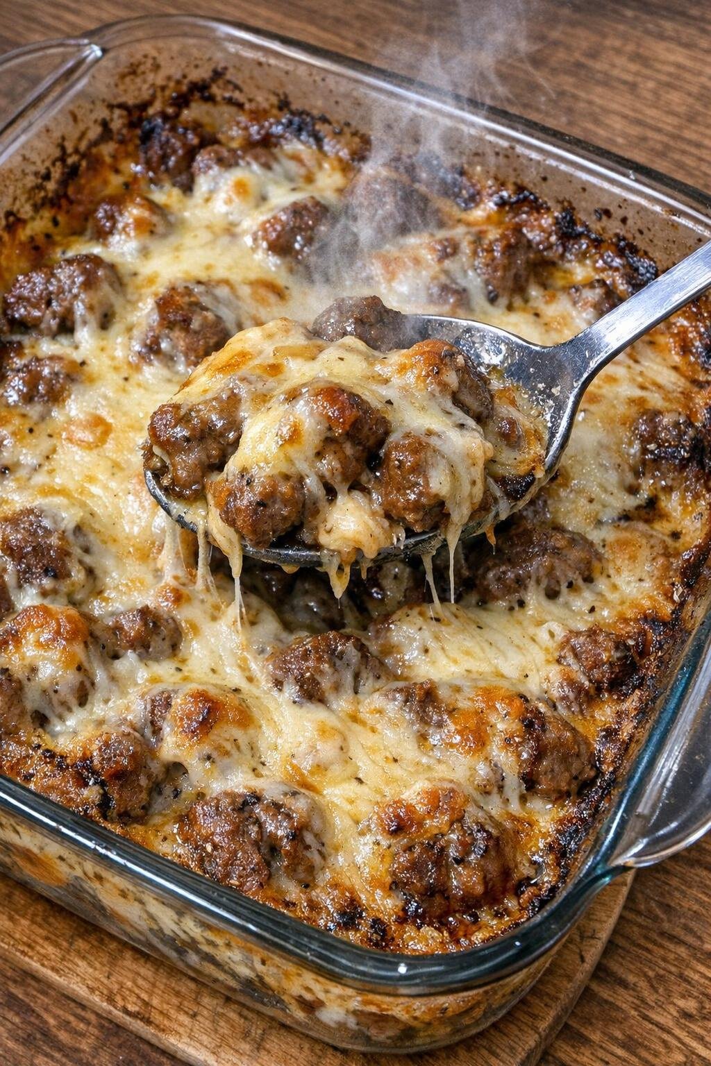 Savory beef bites with melted cheese in a glass casserole dish