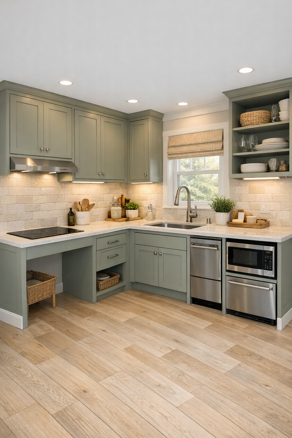 Soft sage accessible tiny home kitchen with quartz counters and handmade tile backsplash
