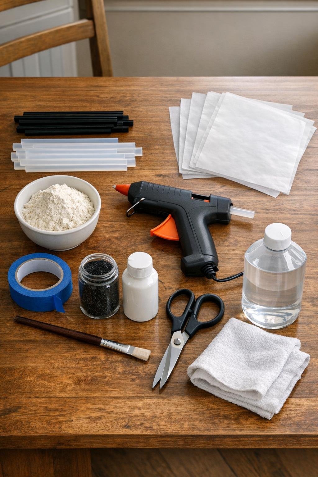 Materials laid out for glue gun spiderweb window clings