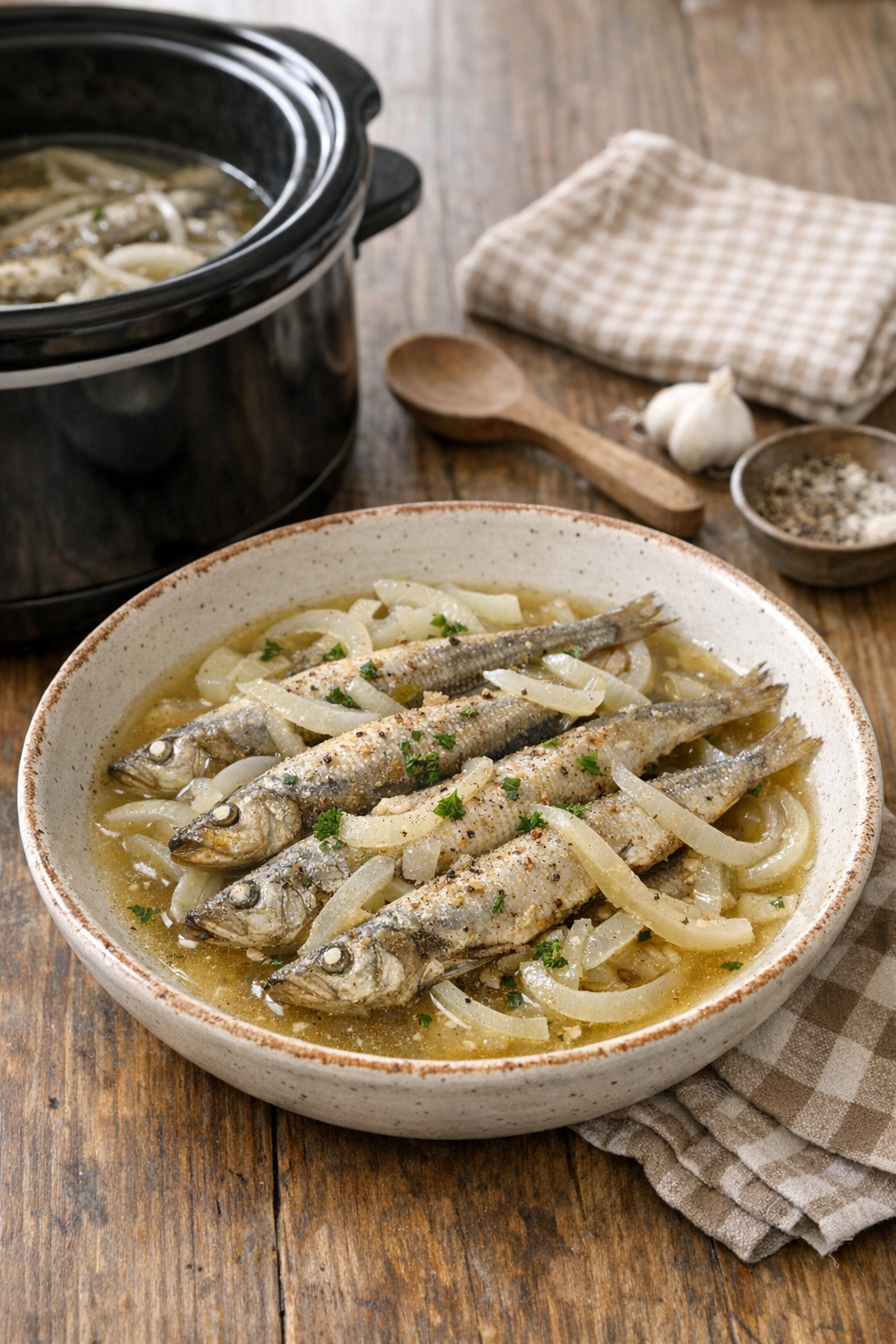 Finished slow cooker smelt plated for serving