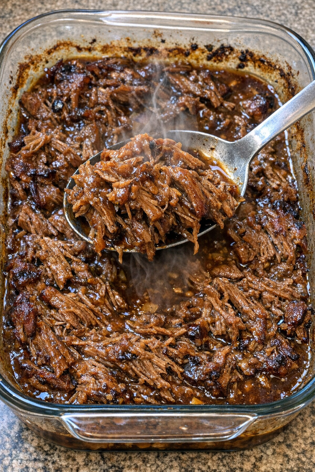 Tender shredded beef in brown gravy in a glass casserole dish