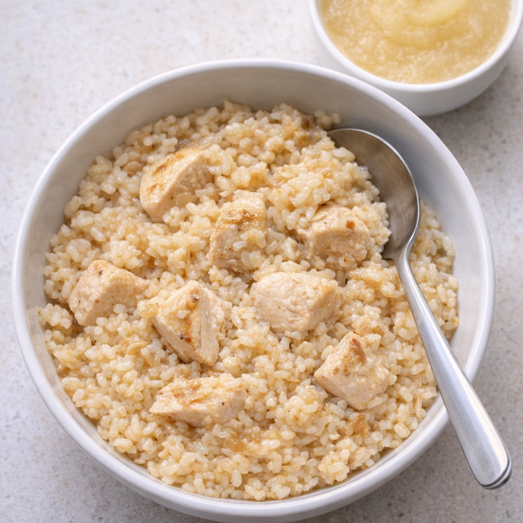 Leftover chicken and rice reheated in a bowl for lunch