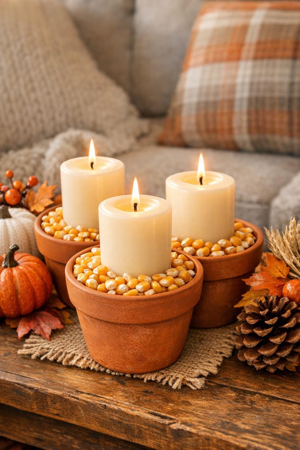 Finished autumn candle cluster with ivory pillar candles in terracotta pots filled with dried corn kernels