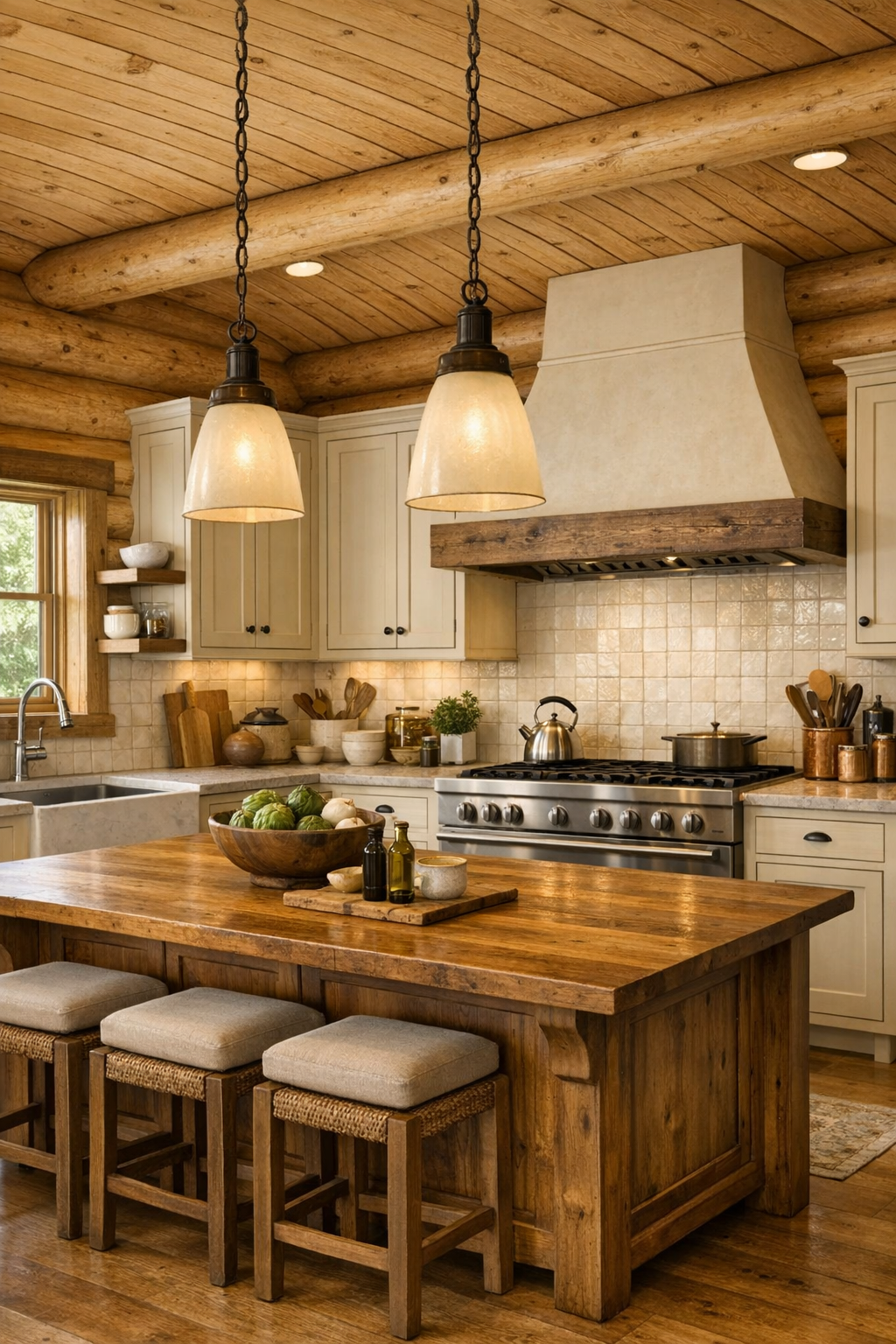 Refined log home kitchen with cream cabinetry, wood island, and pale stone counters