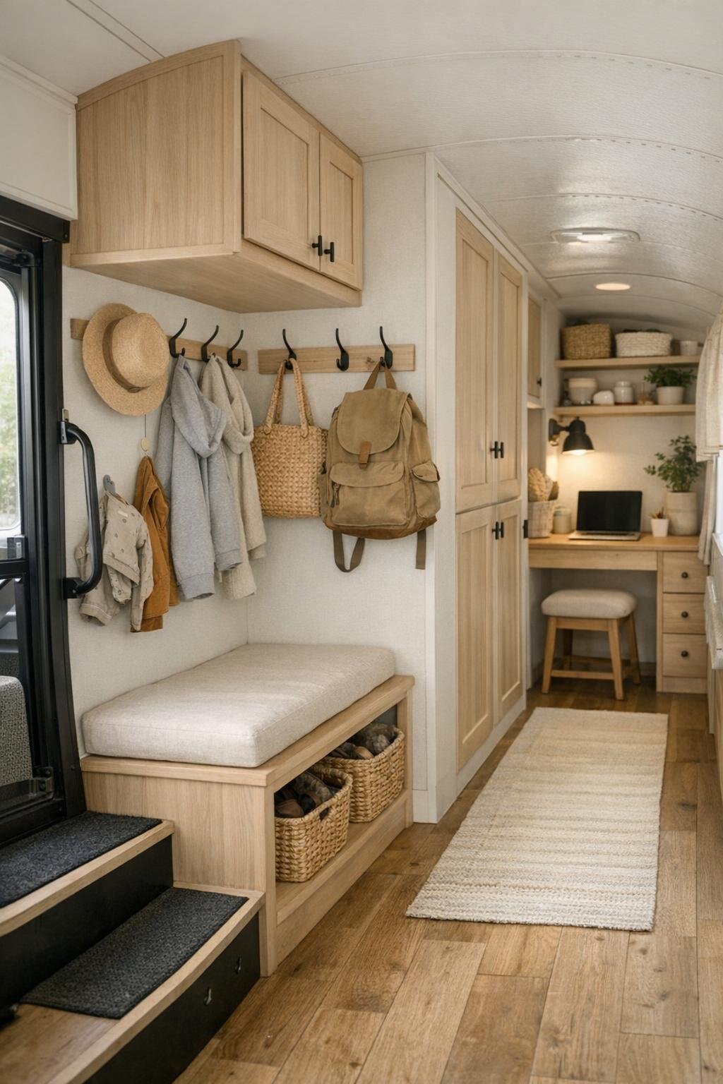 Functional bus entry and hallway area with built-in storage and small workspace