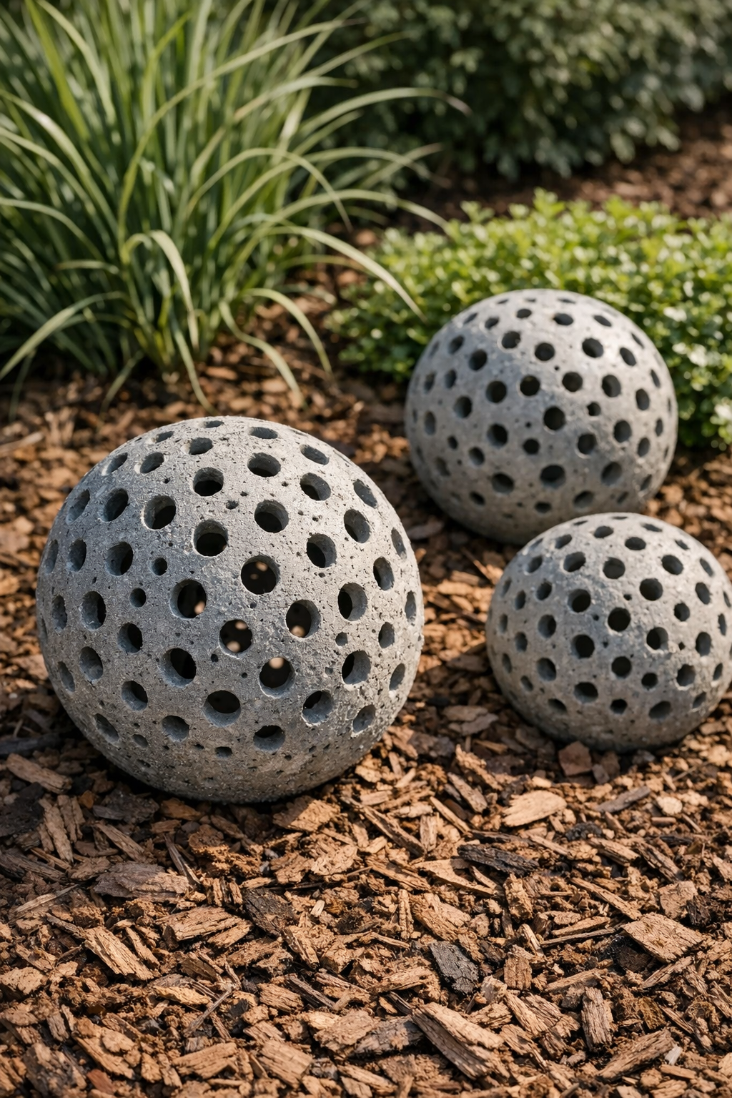 Finished perforated cement yard orb in a garden setting