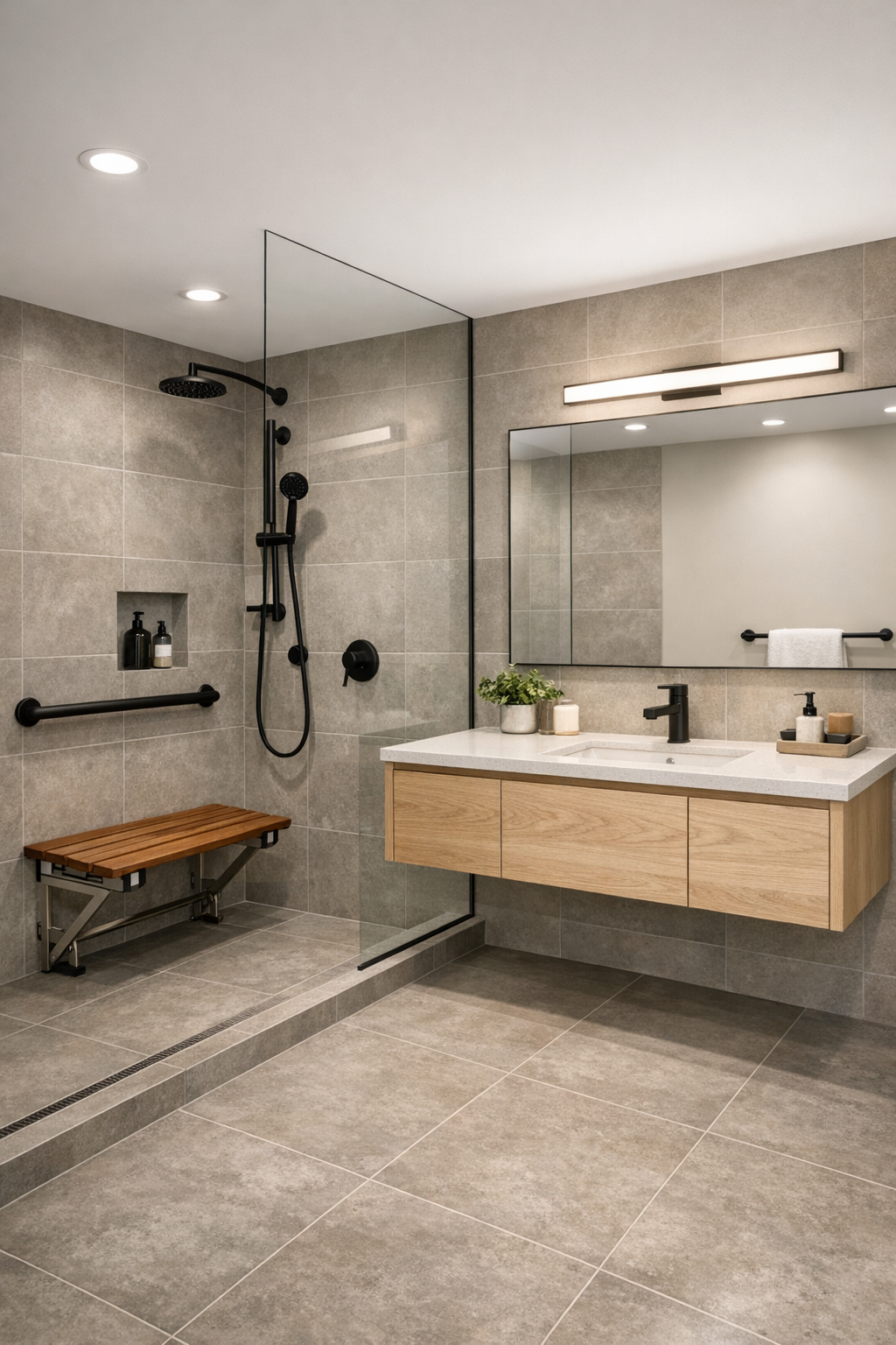 Modern accessible bathroom with curbless shower, teak bench, and oak vanity