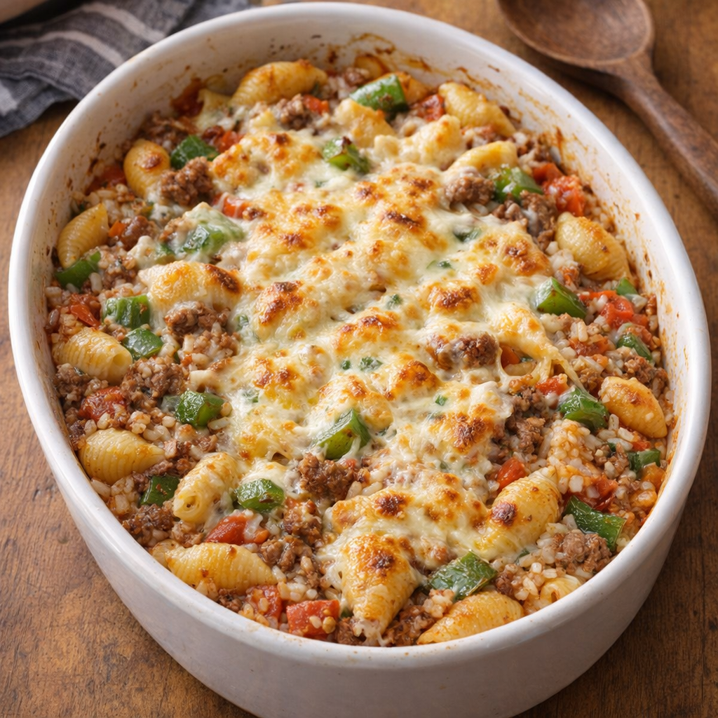 Stuffed pepper pasta fresh from the oven in a baking dish