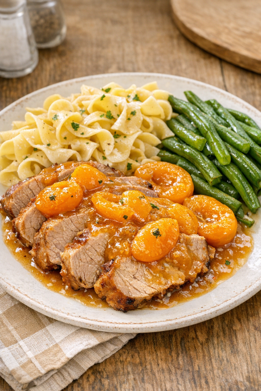 Finished apricot pork plated with sauce and apricot halves