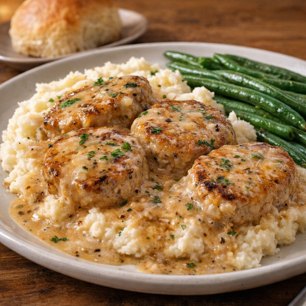 Served pork medallions over mashed potatoes