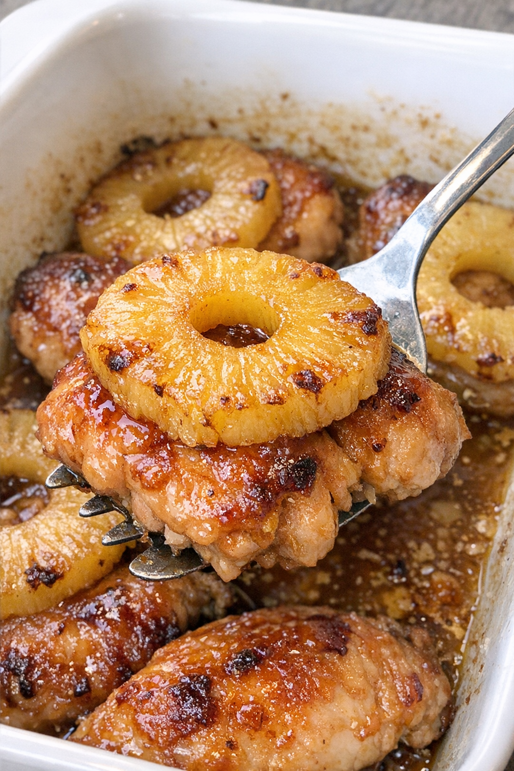 Glazed chicken pieces with pineapple in a white baking dish