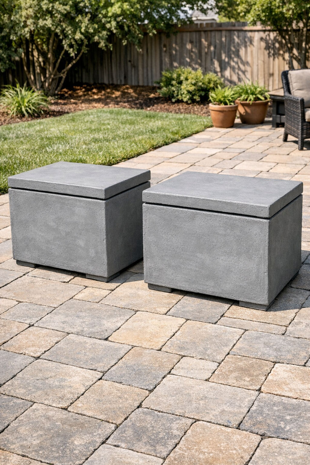 Finished pair of heavy insulated cement-coated yard boxes outdoors