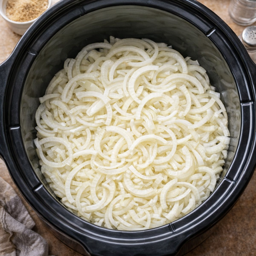 Slow cooker filled with a bed of sliced onions