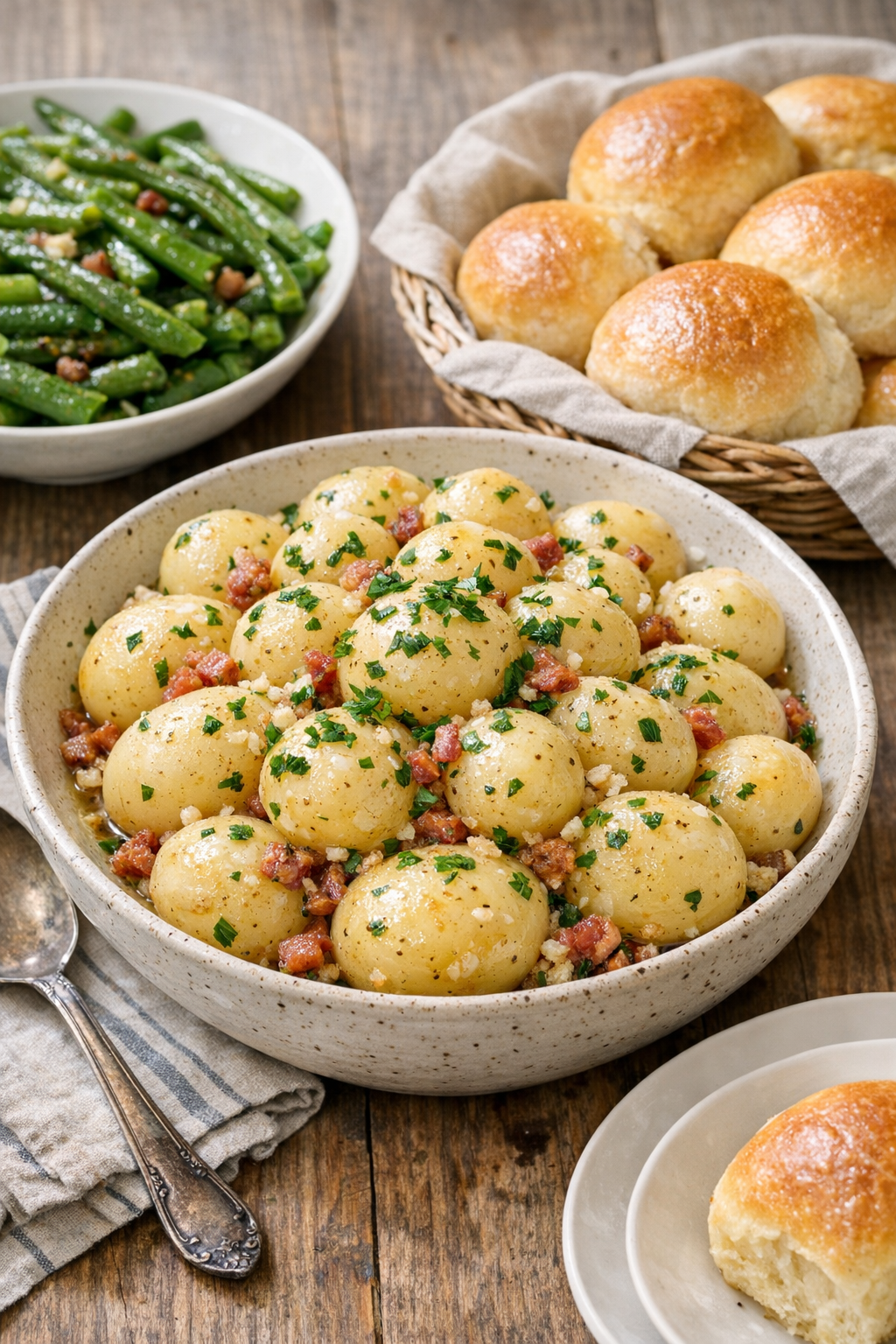 Plated slow cooker Amish potatoes served family-style