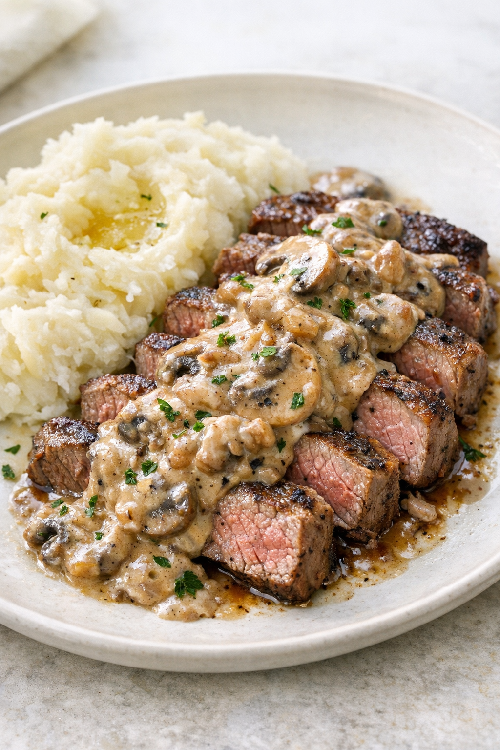 Baked beef with extra creamy mushroom sauce