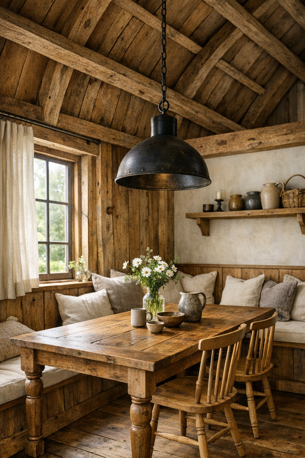 Warm tiny home dining area with a solid wood table, built-in bench, and rustic pendant light