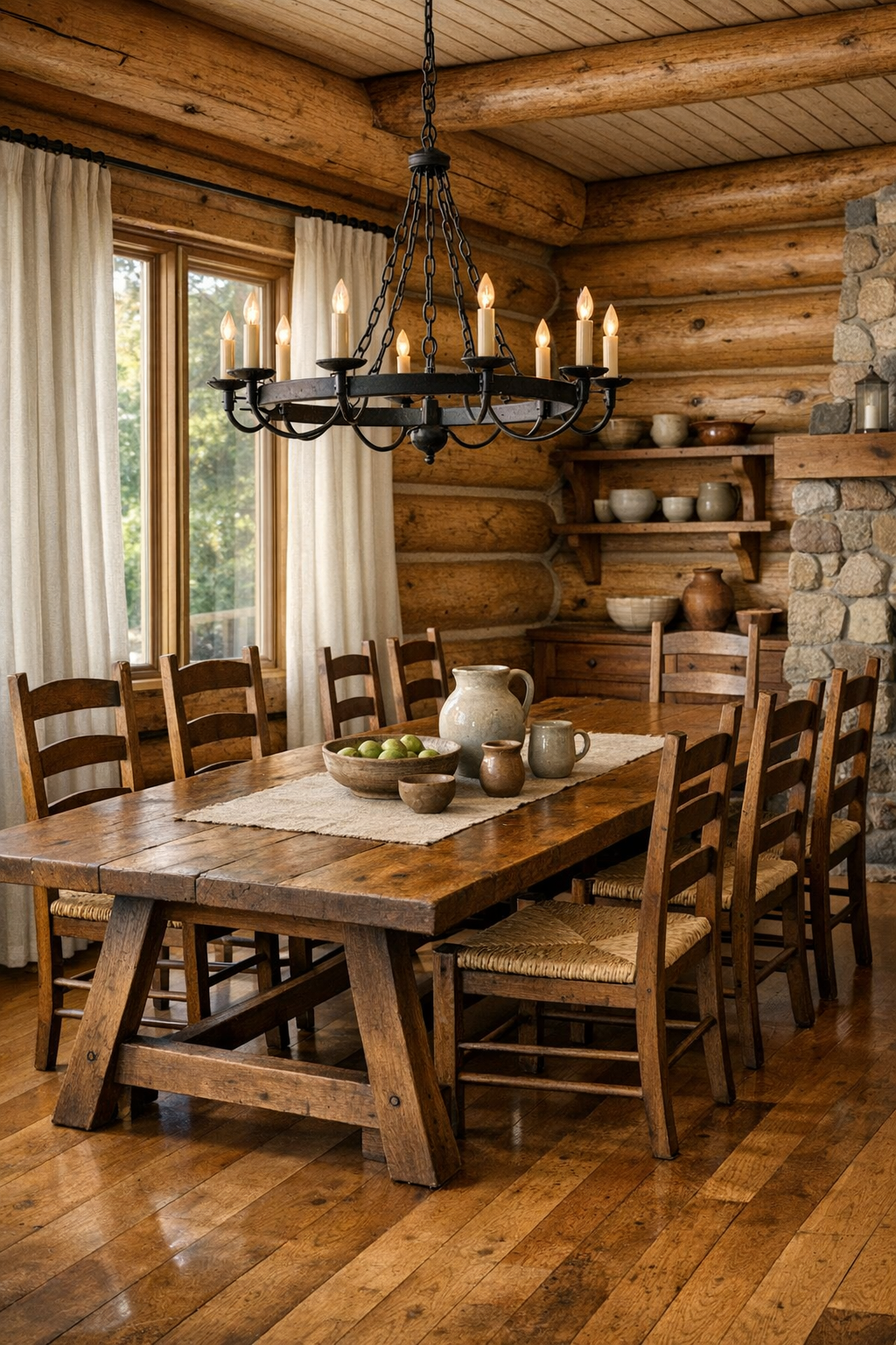 Dining room with a solid wood trestle table, Amish-inspired chairs, iron chandelier, and soft natural window light