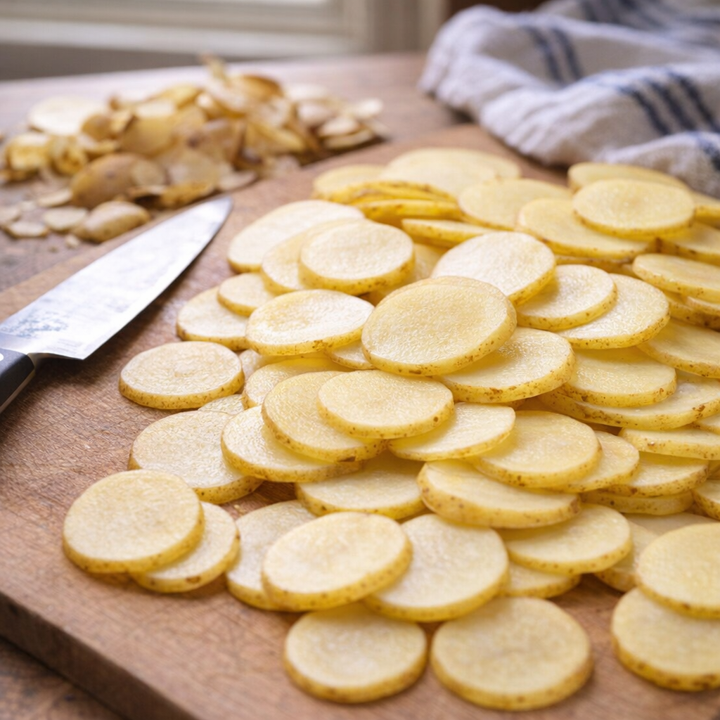 Thinly sliced Yukon gold potatoes on a cutting board