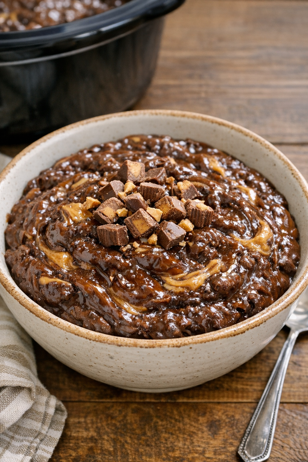 Finished slow cooker chocolate peanut butter candy dessert in a rustic serving bowl