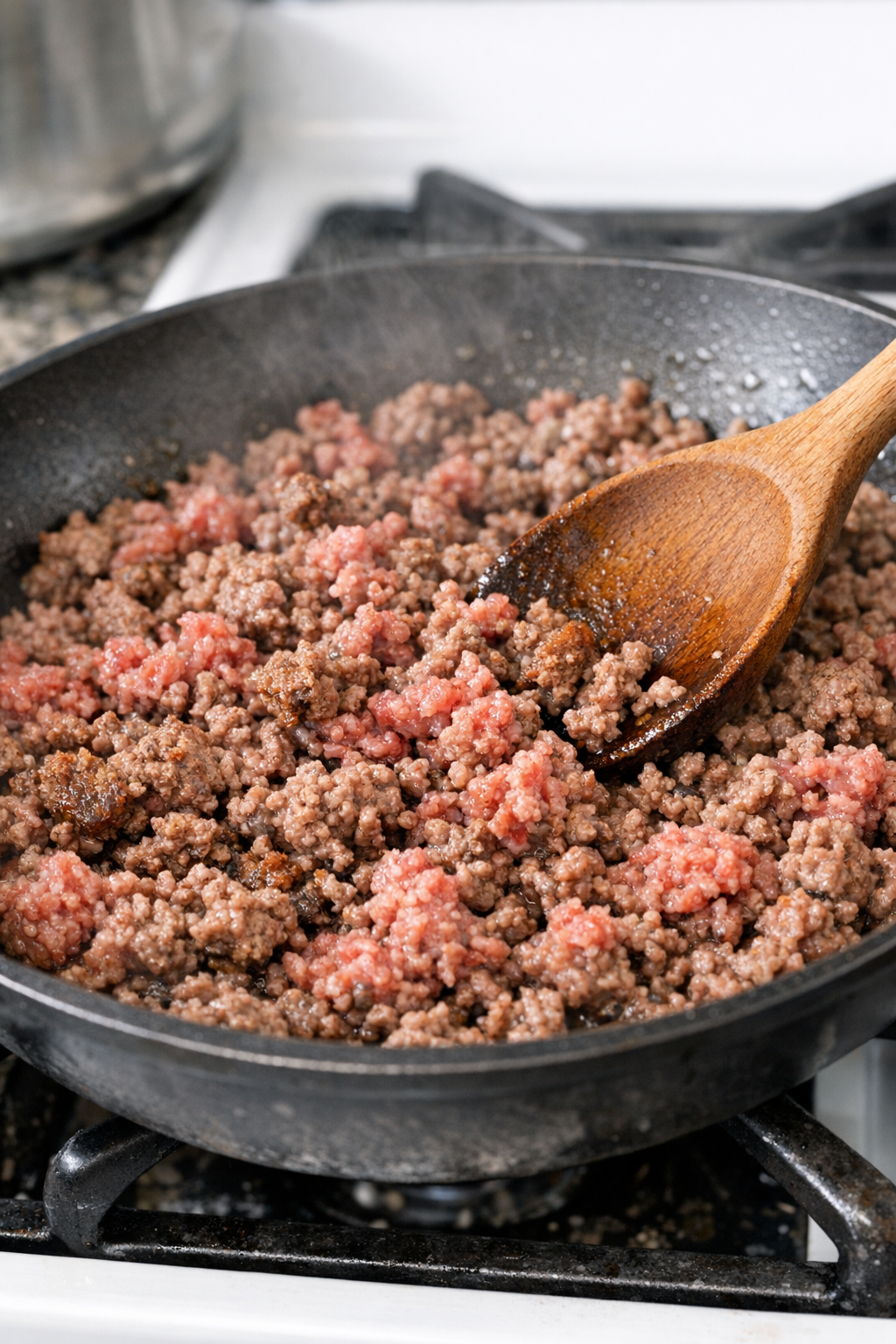 Ground beef browning in a skillet