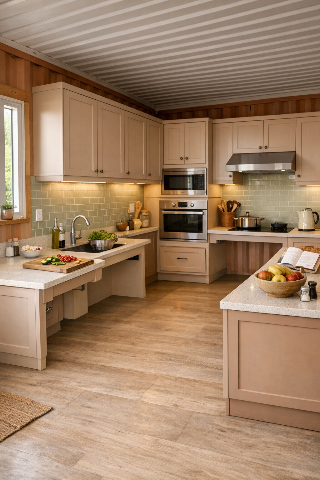 Thoughtfully designed accessible kitchen with clay-beige cabinetry, quartz counters, and open floor space