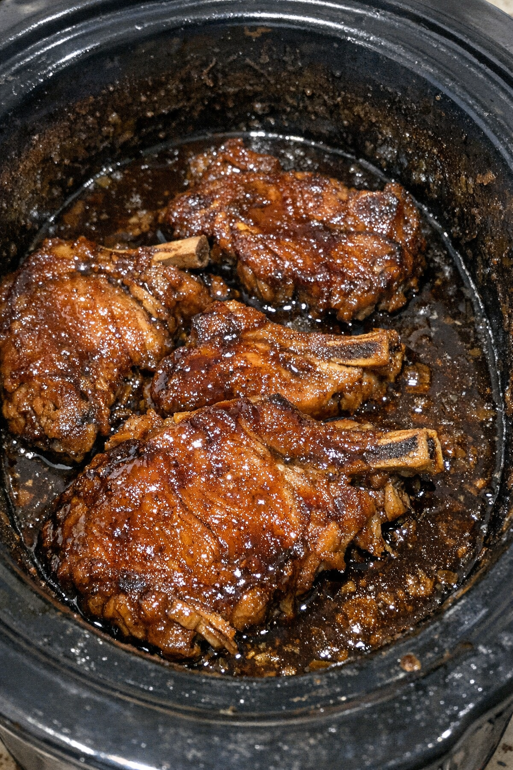 Slow cooker pork chops glazed with dark amber sauce