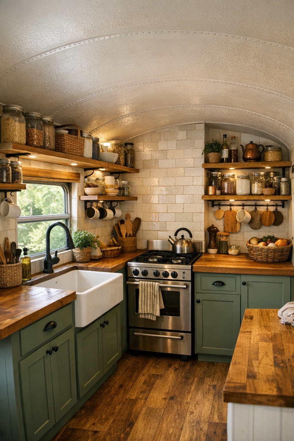 Off-grid bus kitchen with butcher block counters and muted green cabinetry