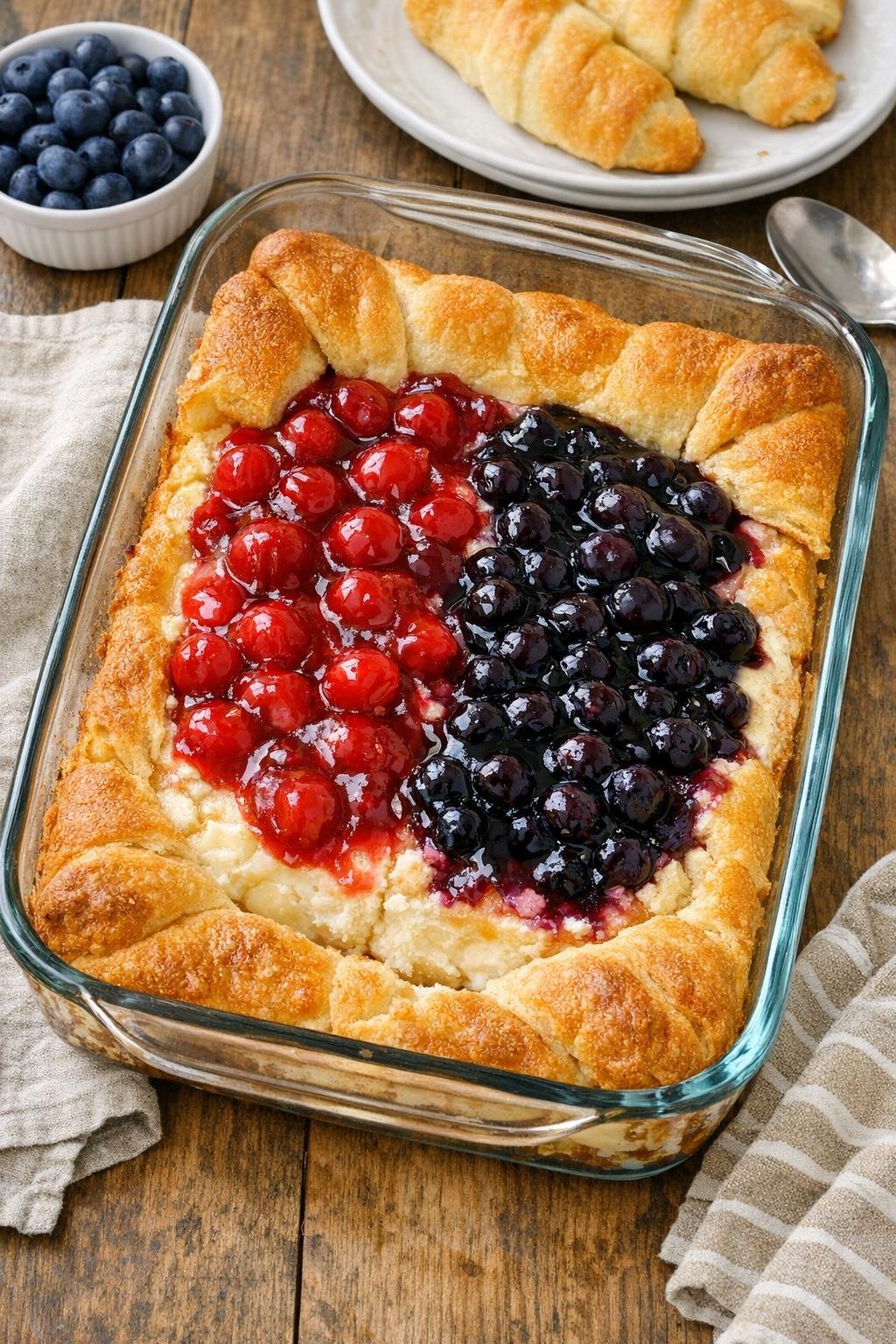 Finished baked cream cheese dessert in a glass baking dish