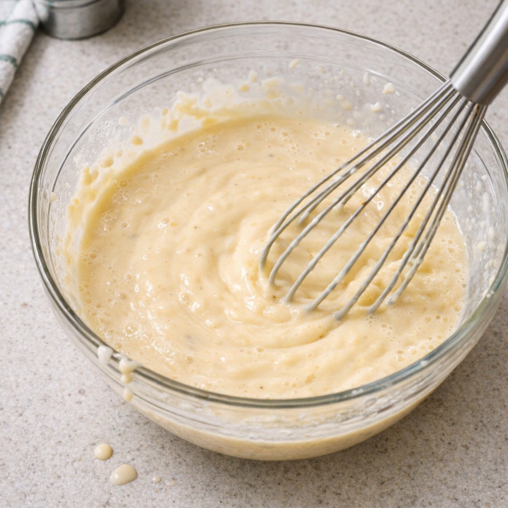Creamy chicken soup mixture being whisked in a bowl