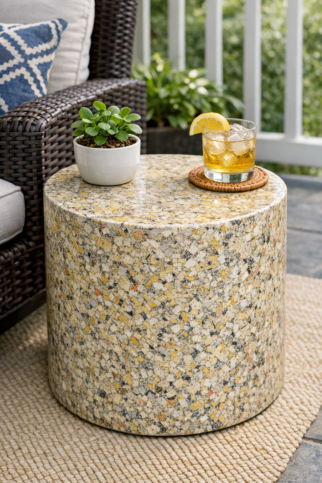 Finished heavy-duty patio side table made from old phone books