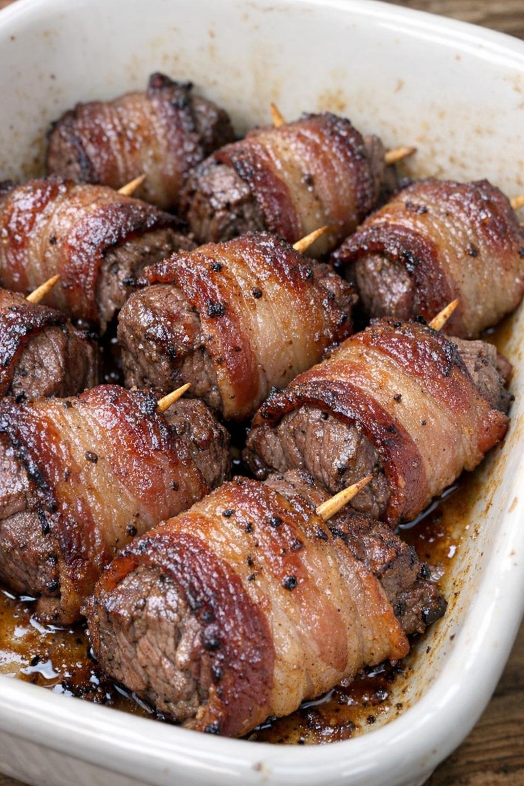Oven baked beef tenderloin wraps in casserole dish