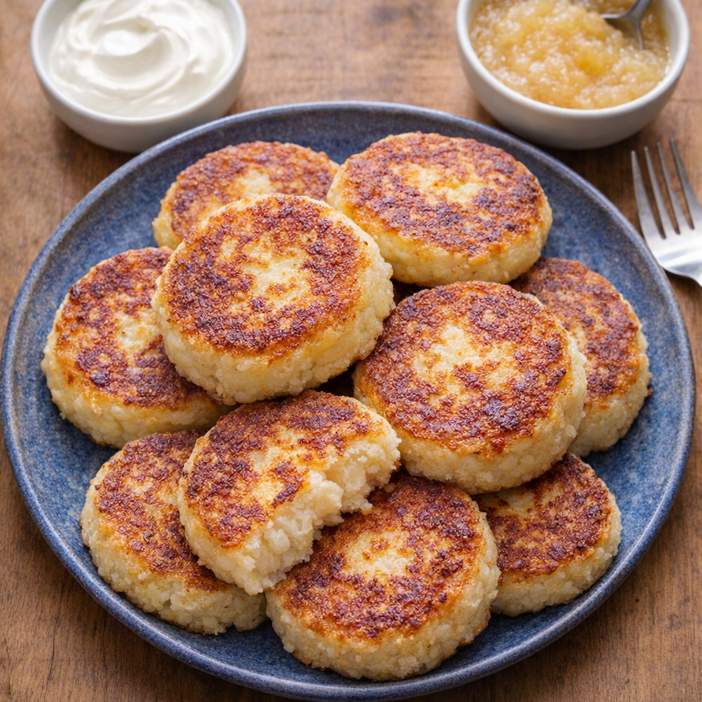 Golden mashed potato cakes stacked on a blue plate