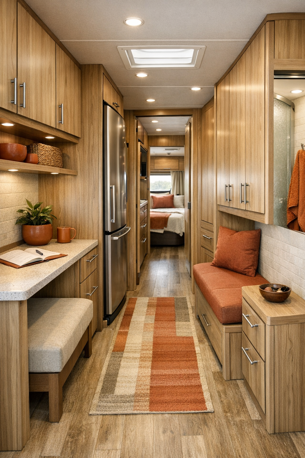 RV camper hallway and multipurpose area with warm wood storage and accessible layout
