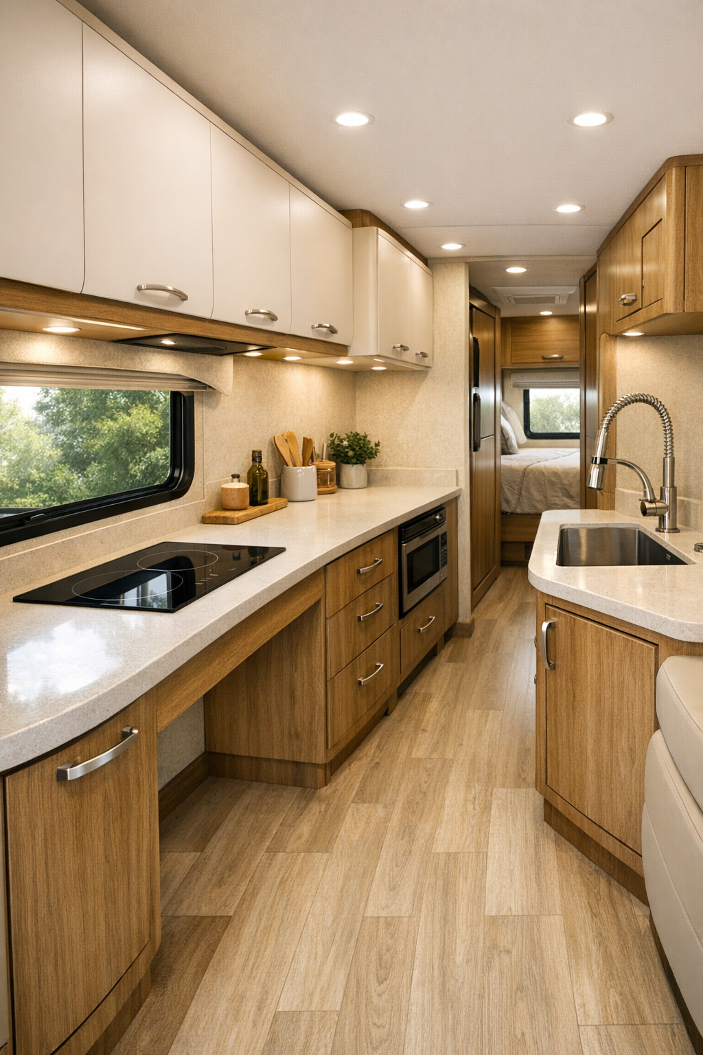 Accessible RV kitchen with galley layout and warm neutral cabinetry