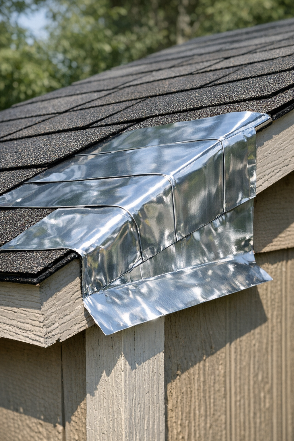 Finished aluminum can flashing patch installed on a small roof