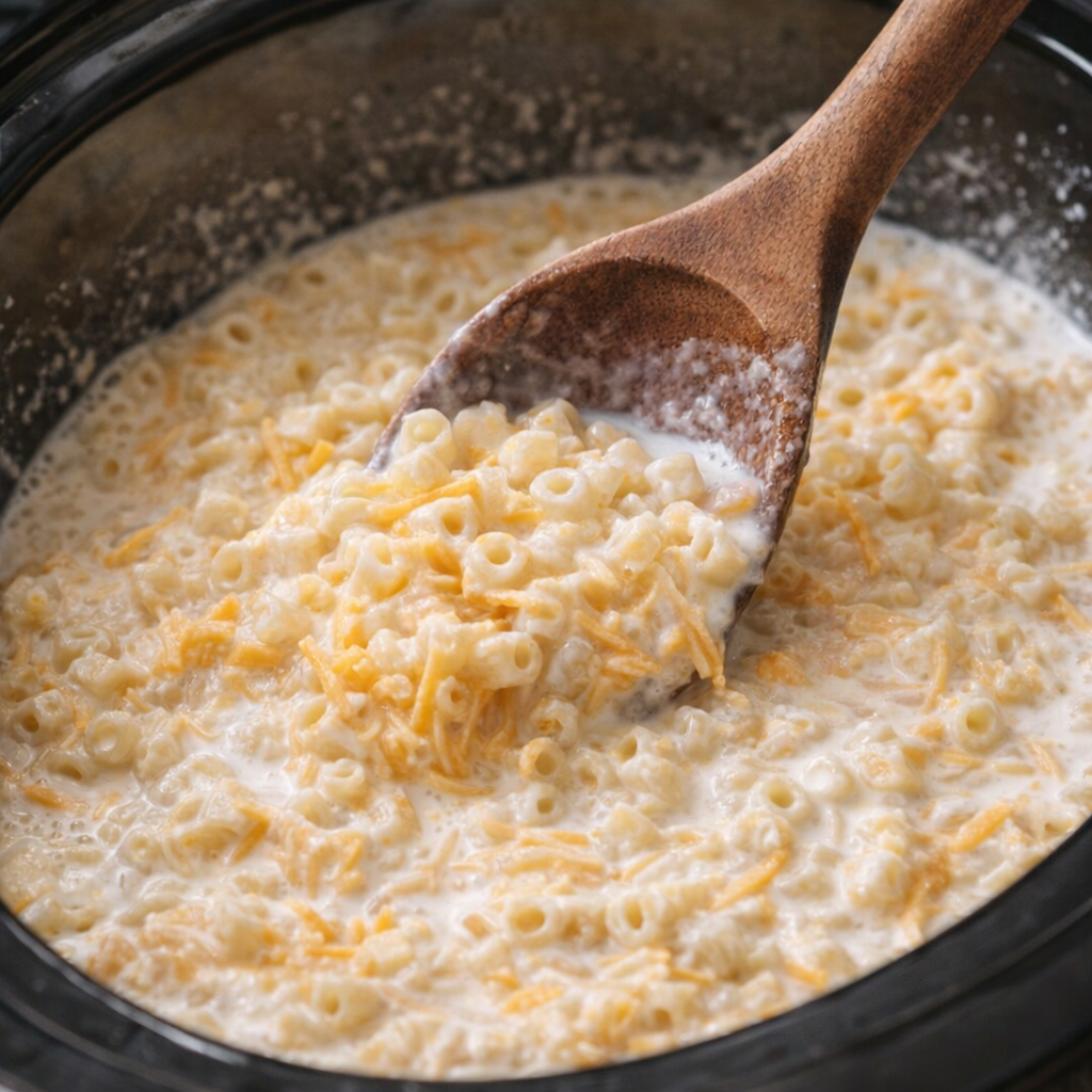 Milk and cheddar being stirred into ditalini in slow cooker