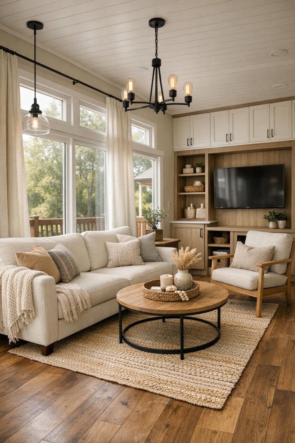 Bright modern park model RV living room with gray, cream, and wood finishes