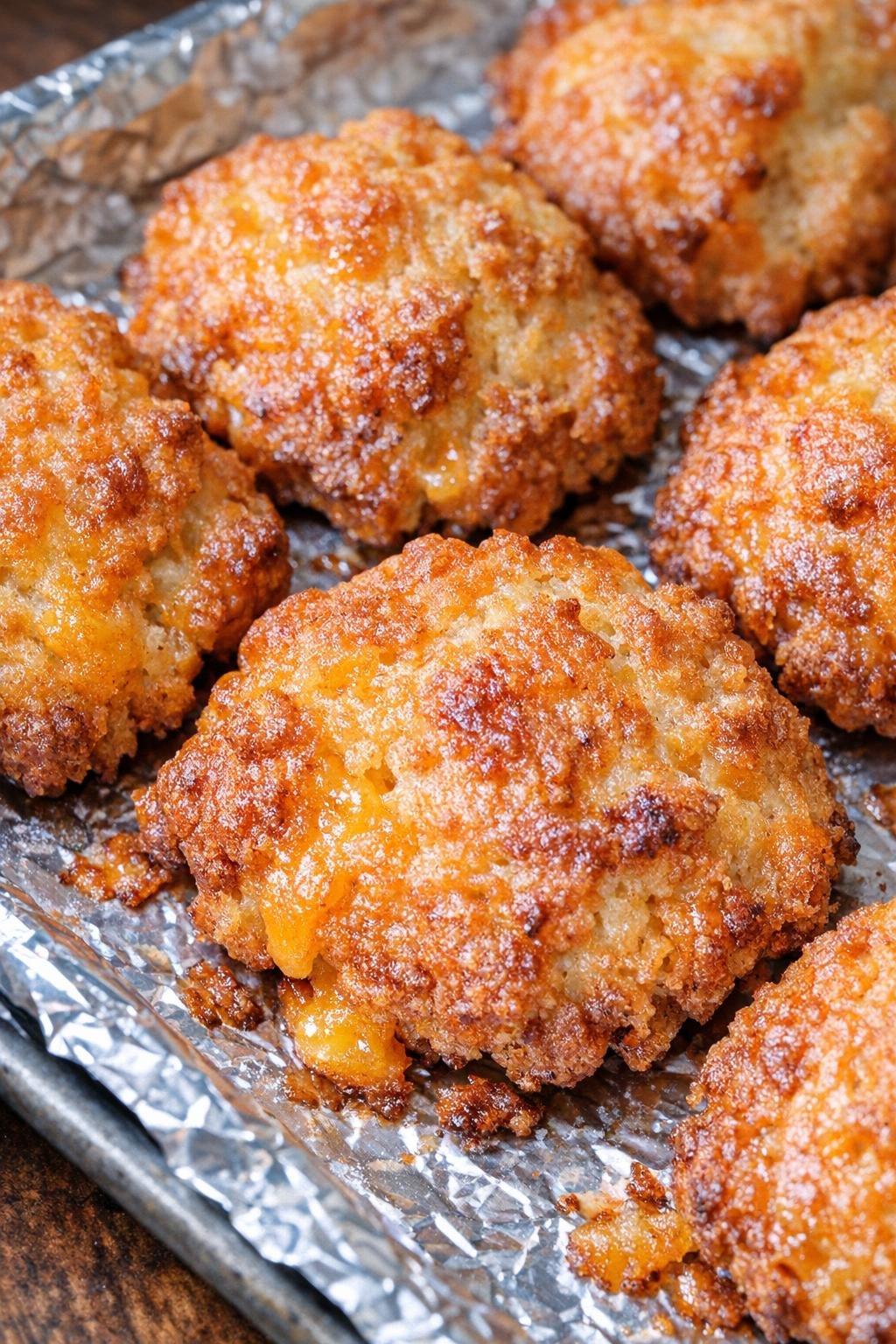 Southern 3-ingredient smoky cheddar fritters on a foil-lined baking tray