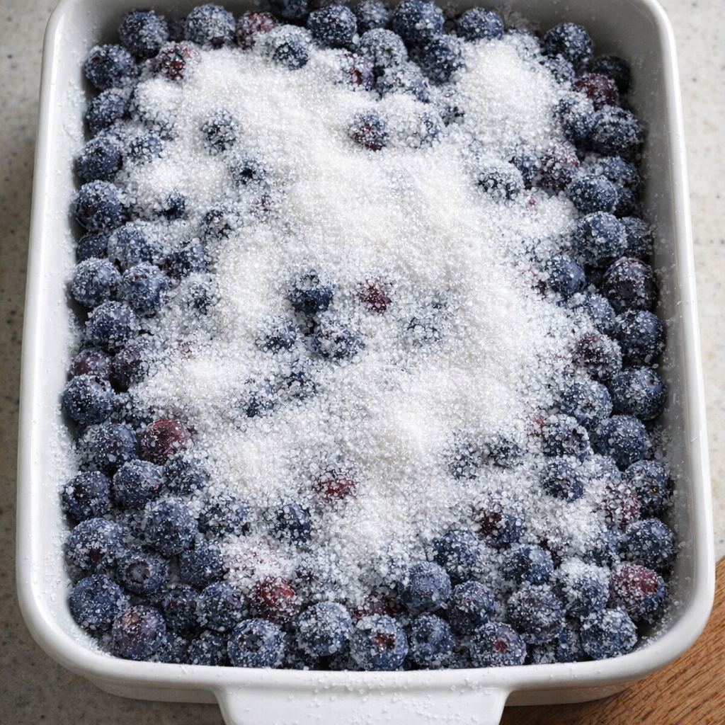 Sugar sprinkled over frozen blueberries