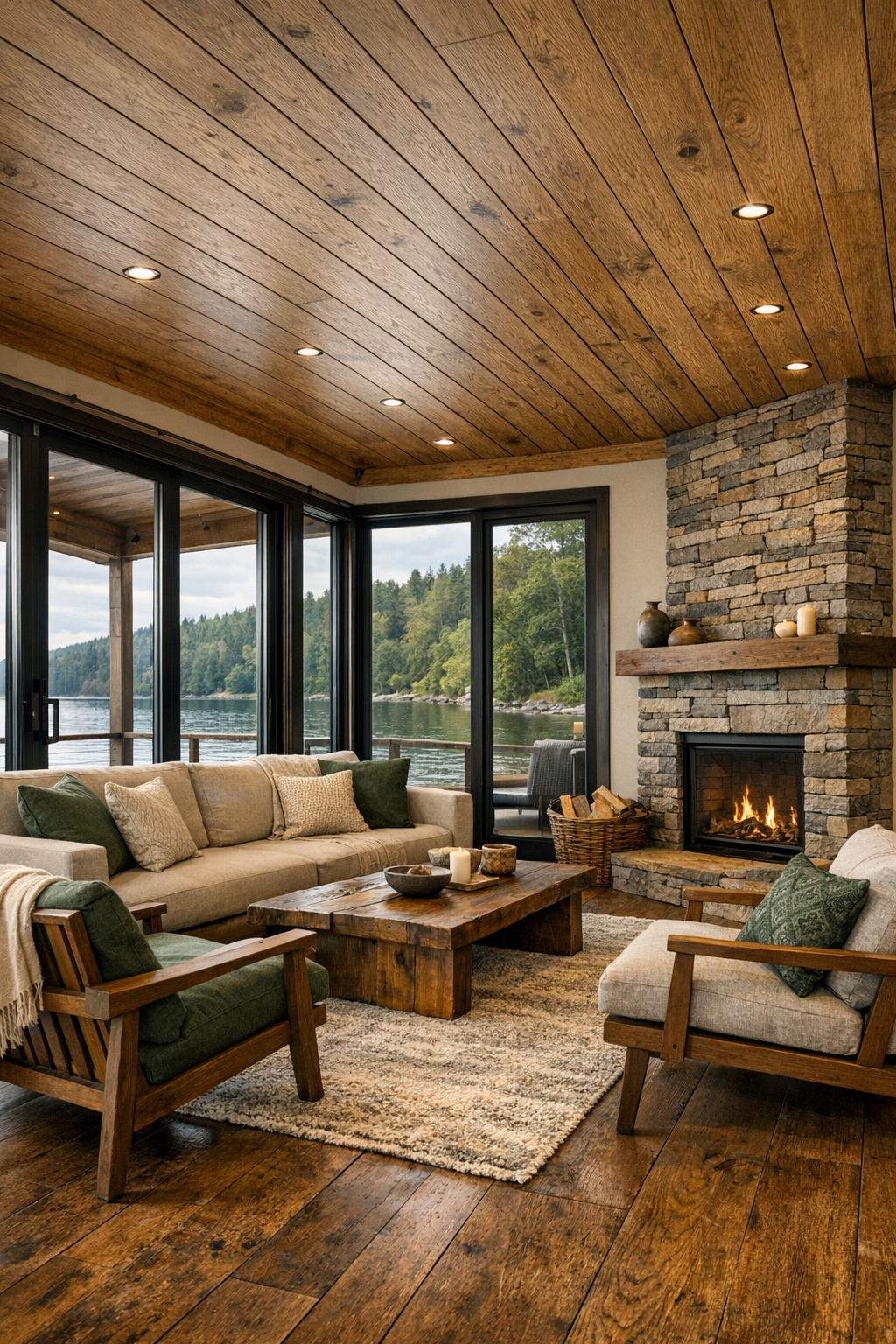 Living room with lodge-style wood finishes, stone fireplace, and wide water-facing windows