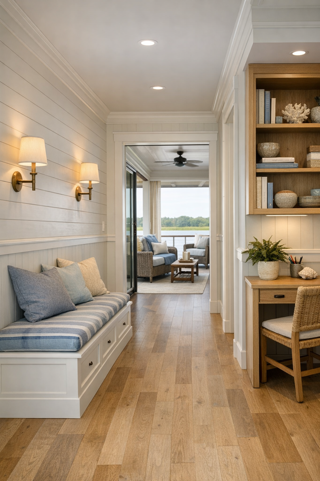Wide hallway and covered deck area with built-ins in a barrier-free coastal home