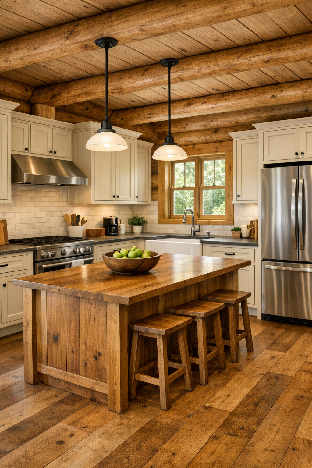 Bright handcrafted kitchen with cream cabinetry and a natural wood island