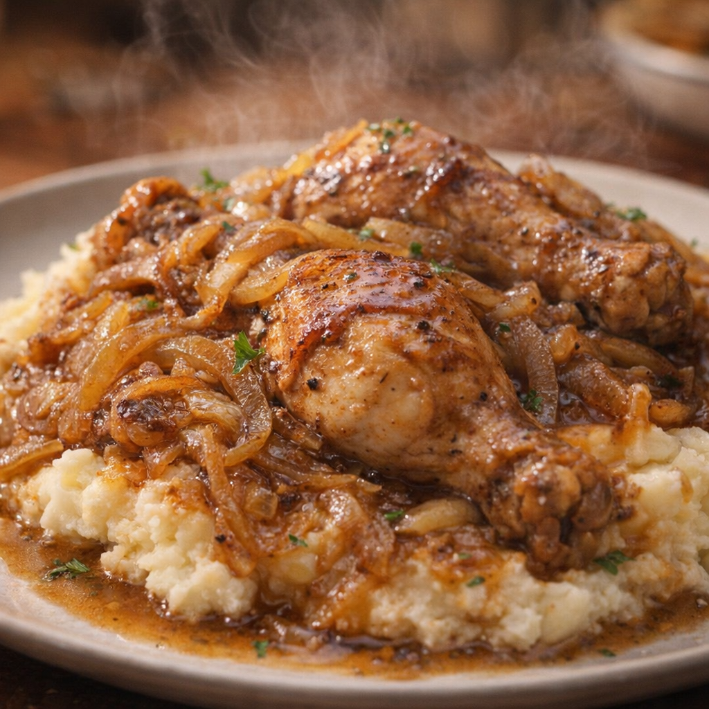 Cooked chicken with caramelized onions and sauce