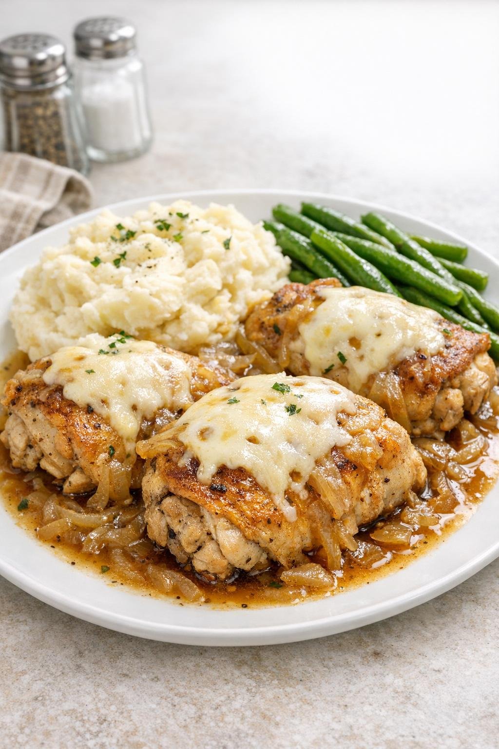 Finished French onion chicken plated with melted Swiss cheese