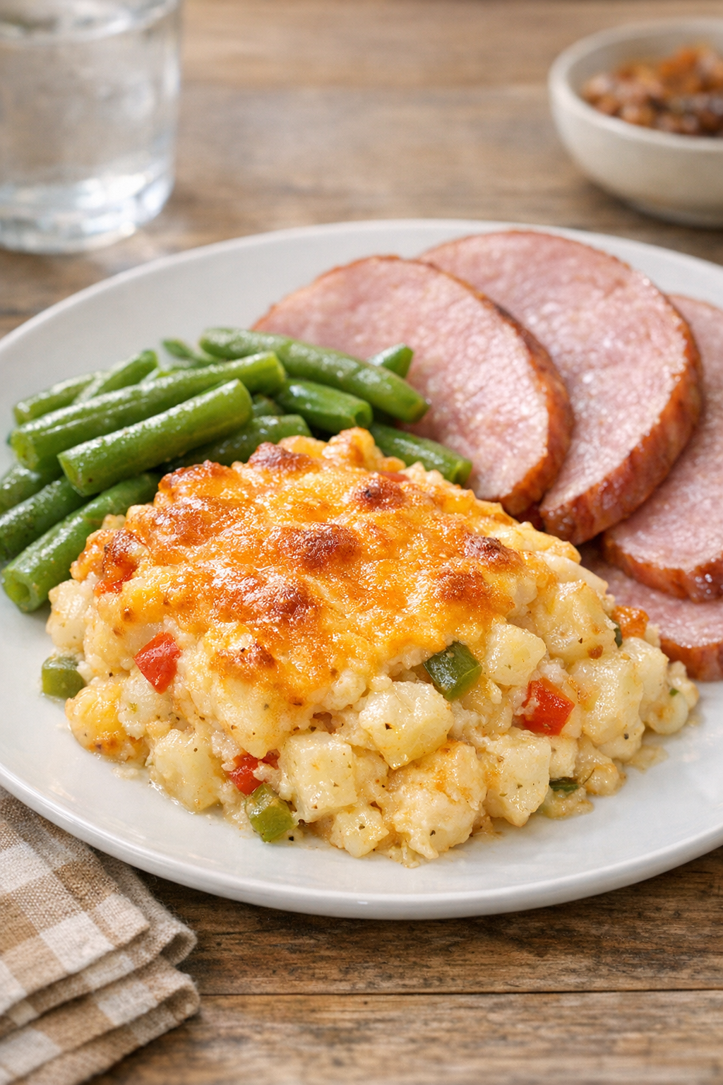 Final plated Amish potato bake with sides