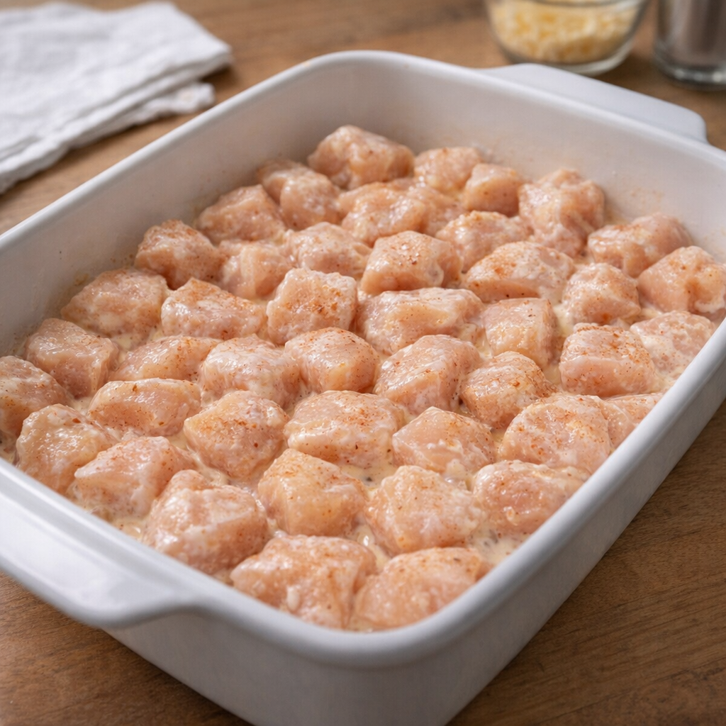 Raw chicken pieces arranged in a white baking dish