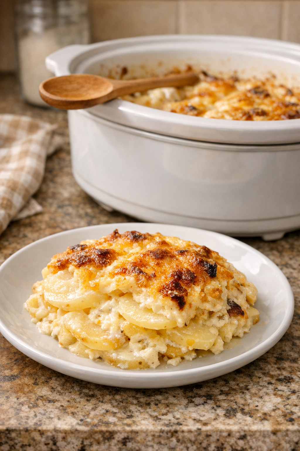 Finished creamy potato casserole plated from the slow cooker