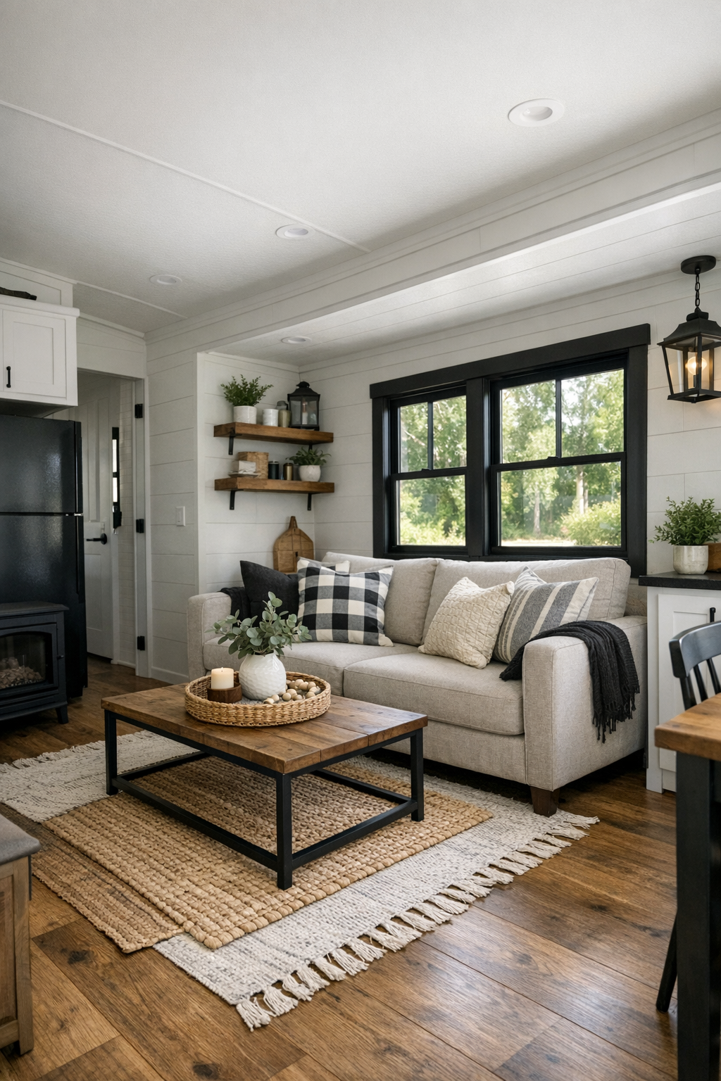 Bright modern farmhouse living room with charcoal accents, soft neutral seating, and warm wood flooring